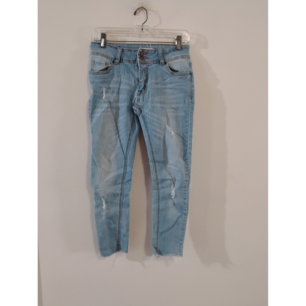 Encore Jeans Skinny Distressed Light Wash Denim Raw Hem Size 7